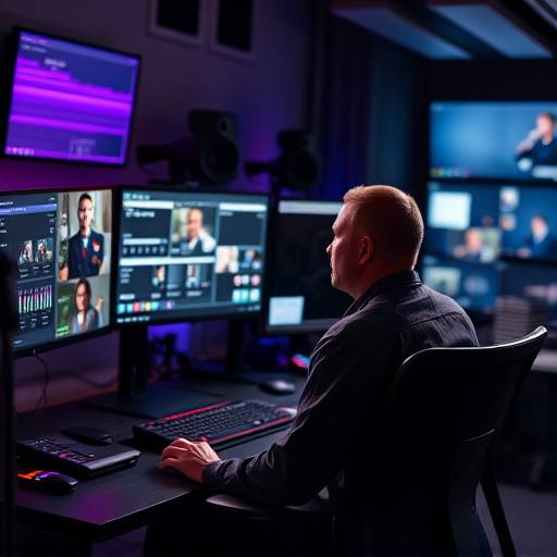 Editor de video trabajando en un proyecto de postproducción en una estación de trabajo con mültiples monitores.