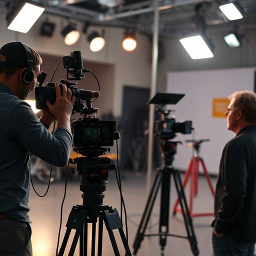 Equipo de filmación profesional grabando una escena en un estudio de video con iluminación y micrófonos.
