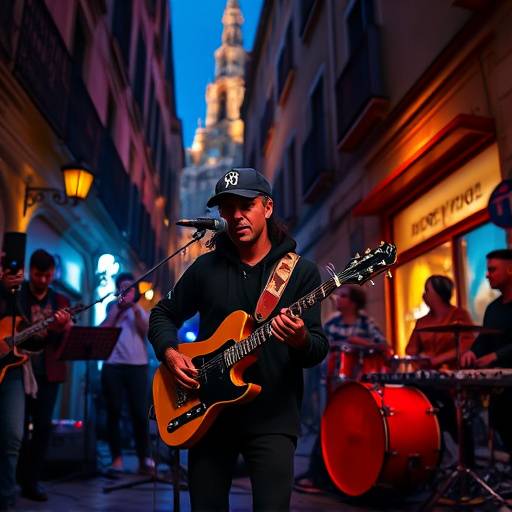 Escena de video musical con un artista urbano actuando en vivo en el barrio Gótico de Barcelona por la noche.