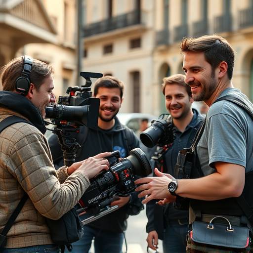 Fotografía del equipo de Visuales Vanguardia sonriendo y trabajando en un set de filmación en Barcelona.