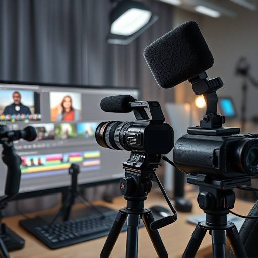 Imagen que muestra diversas herramientas de producción de video, incluyendo cámaras, micrófonos y un ordenador con software de edición.