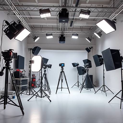 Vista interior del estudio de video Visuales Vanguardia en Barcelona con equipo de filmación y luces profesionales.